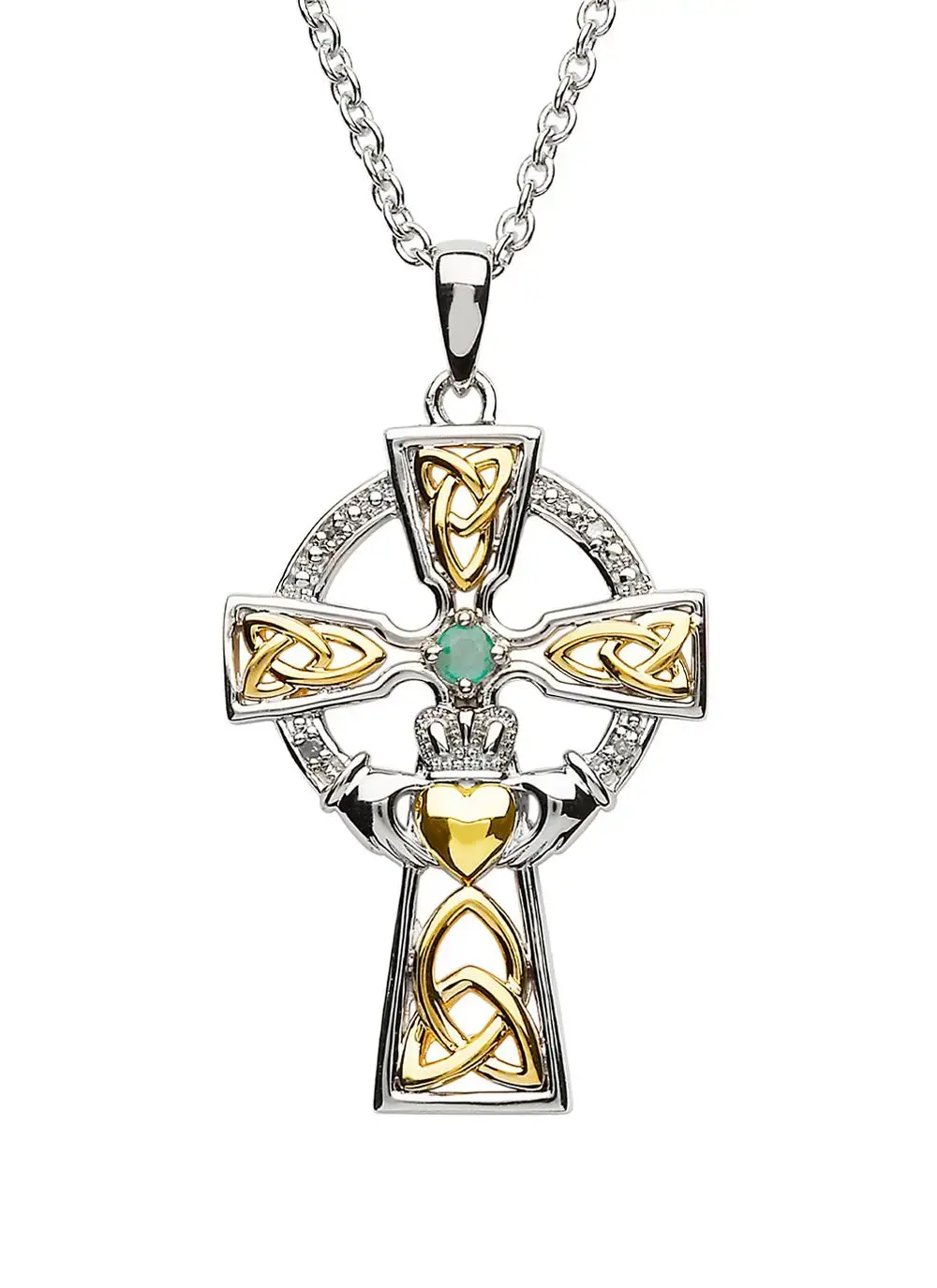 Medium Sterling Silver Trinity Knot Celtic Cross With Emerald & Diamond